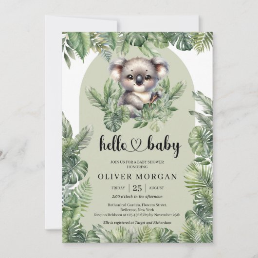 Invitation Cute bébé koala Aquarelle vert tropicale (Devant)