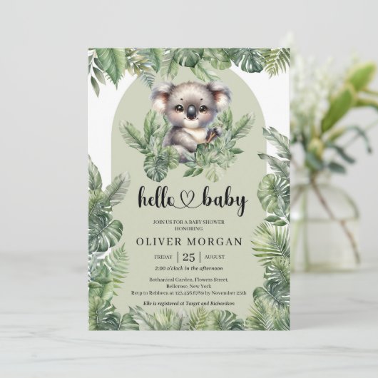 Invitation Cute bébé koala Aquarelle vert tropicale (Debout devant)