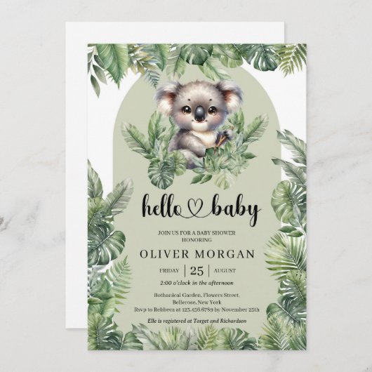 Invitation Cute bébé koala Aquarelle vert tropicale (Devant / Derrière)