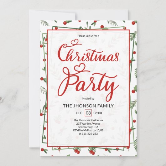 Invitation Cute Berry Pattern Calligraphy Christmas Party (Devant)