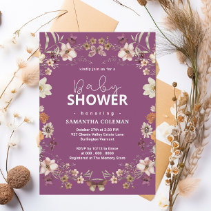 Invitation Cute Berry Purple Fleur sauvage Baby shower modern