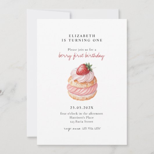 Invitation Cute Berry Sweet Pink First Birthday (Devant)