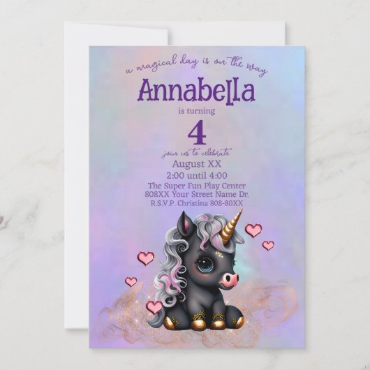 Invitation Cute Black Baby Unicorne et Coeurs (Devant)