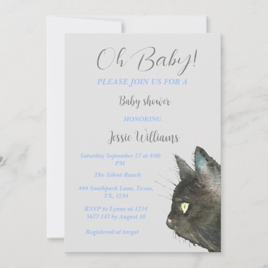 Invitation Cute Black Cat Kitty Kitten Blue Baby boy shower (Devant)