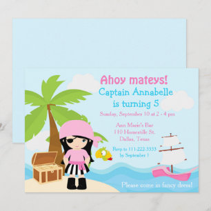 Invitation Cute Black Cheveux Pirate Girl Anniversaire Fête