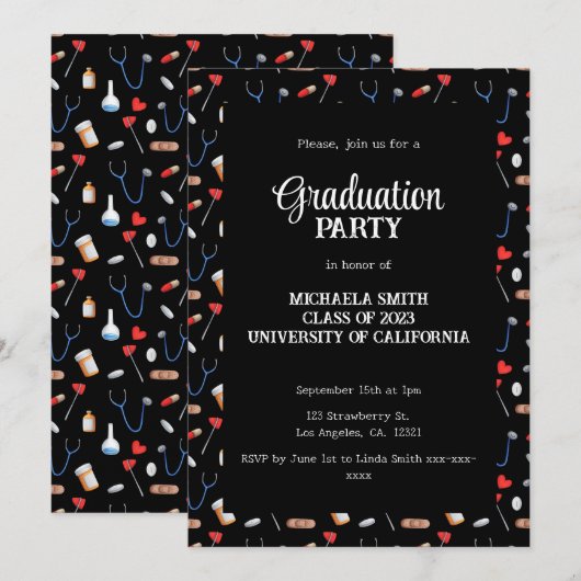 Invitation Cute Black Doctor Pattern Graduation Party  (Devant / Derrière)