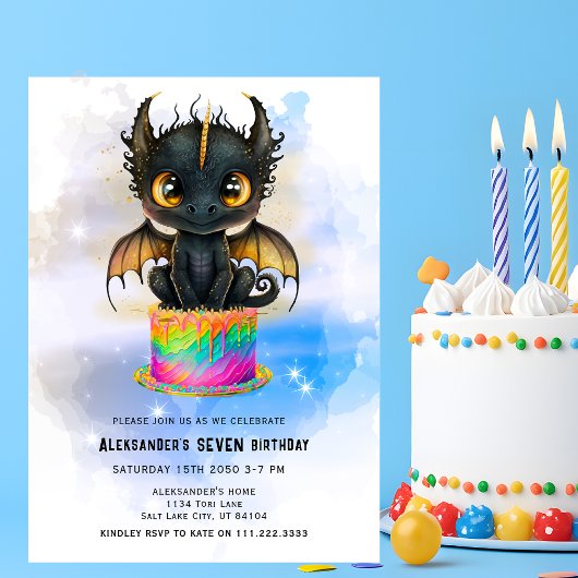 Invitation Cute Black Dragon Rainbow Cake Fairytale Birthday 
