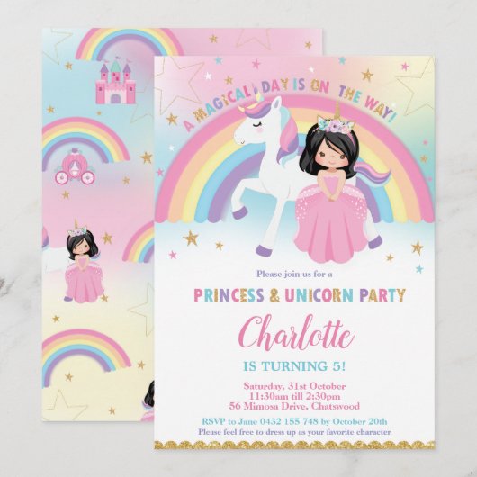 Invitation Cute Black Hair Princess Unicorn Rainbow Anniversa (Devant / Derrière)