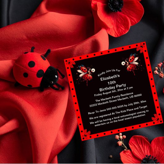 Invitation Cute Black/Red Ladybug Fairy Birthday Party