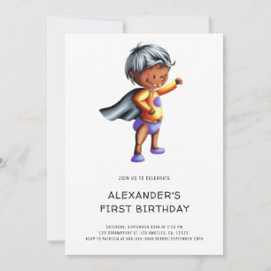 Invitation Cute Black Superhero 1er anniversaire