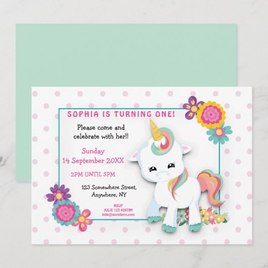 Invitation Cute blanc Unicorn rose Pois premier anniversaire (Devant / Derrière)