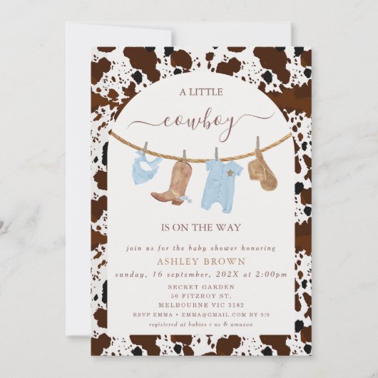 Invitation Cute Bleu Clothesline Vache Imprimer Baby shower C (Devant)