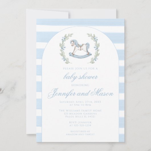 Invitation Cute bleu rocking cheval bohème bébé garçon douche (Devant)