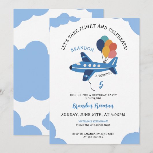Invitation Cute Blue Airplane Boys 5e anniversaire (Devant / Derrière)