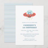 Invitation Cute Blue Alien vaisseau 1er anniversaire fête (Devant / Derrière)