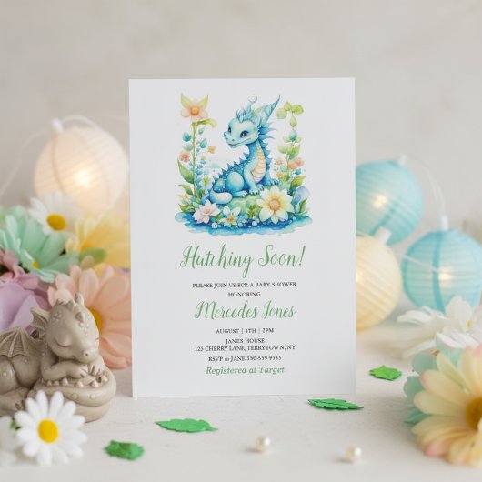 Invitation Cute Blue Baby Dragon “Hatching Soon” Baby Shower