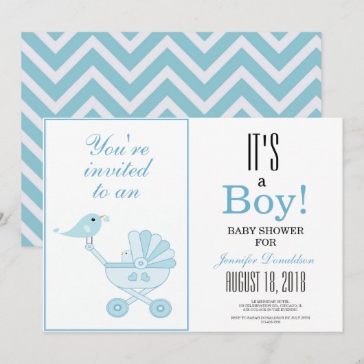 Invitation Cute Blue Bird Baby Carriage Baby shower Chevron (Devant / Derrière)