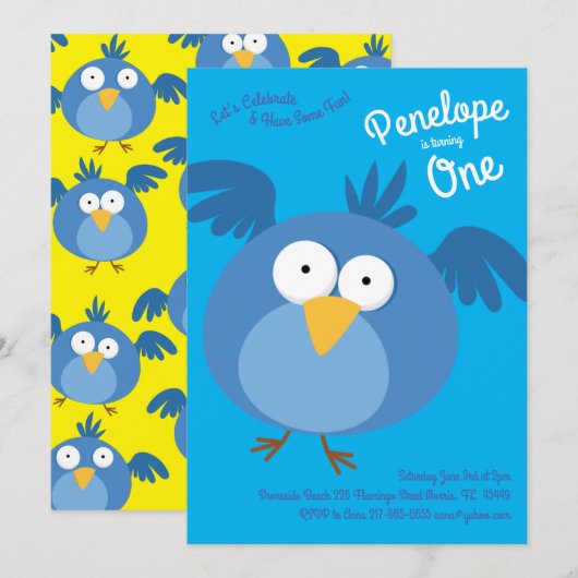 Invitation Cute Blue Birds Enfants 1er anniversaire (Devant / Derrière)