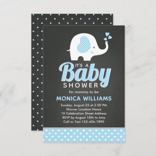 Invitation Cute Blue Black Chalkboard Elephant Baby shower (Devant / Derrière)