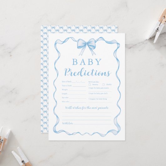 Invitation Cute Blue Bow Boy Baby shower Baby Prediction Jeu (Devant/Arrière en situation)