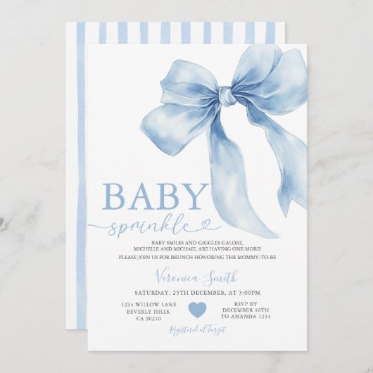 Invitation Cute Blue Bow Coquette Baby Sprinkle Baby Shower (Devant / Derrière)