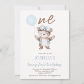 Invitation Cute Blue Brown Beary First Birthday Bear Birthday (Devant)