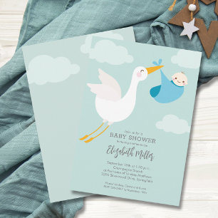 Invitation Cute Blue Bundle Baby shower Stork