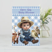 Invitation Cute Blue Check Farm Garçon Baby shower Animaux (Debout devant)