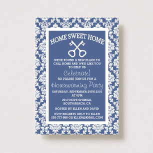 Invitation Cute Blue Damask Home Sweet Home Ménage domestique