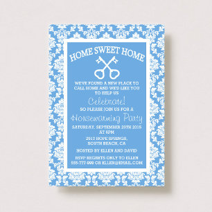 Invitation Cute Blue Damask Home Sweet Home Ménage domestique