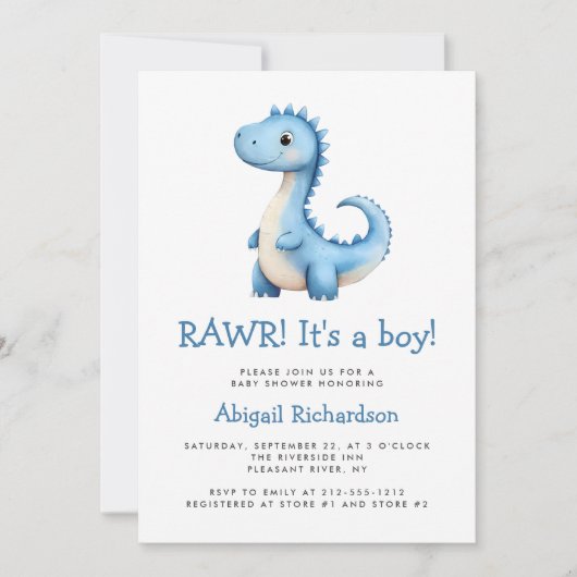 Invitation Cute Blue Dinosaur QR Code Boy Baby shower (Devant)