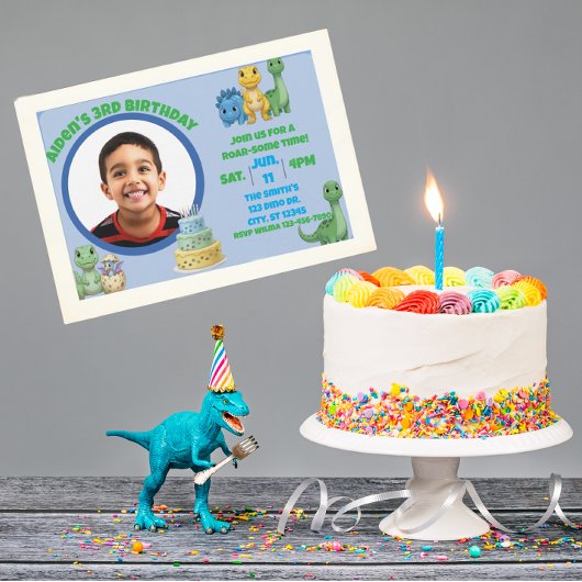 Invitation Cute Blue Dinosaur with Picture Birthday