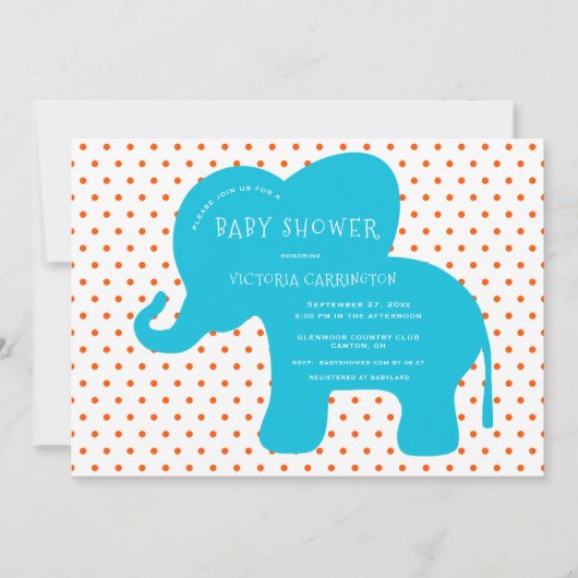 Invitation Cute Blue Elephant Orange Baby shower À petits poi (Devant)