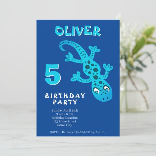 Invitation Cute Blue Gecko Lizard fête d'anniversaire (Debout devant)
