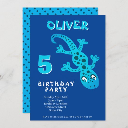 Invitation Cute Blue Gecko Lizard fête d'anniversaire (Devant / Derrière)