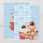 Invitation Cute Blue Gingham Teddy Bear & Ribbon (Devant / Derrière)