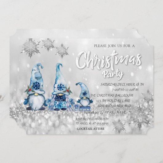 Invitation Cute Blue Gnomes Bokeh Corporate Christmas Party (Devant / Derrière)