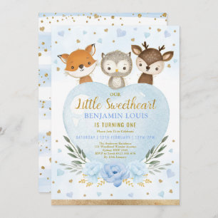 Invitation Cute Blue Gold Woodland Amoureux 1er anniversaire