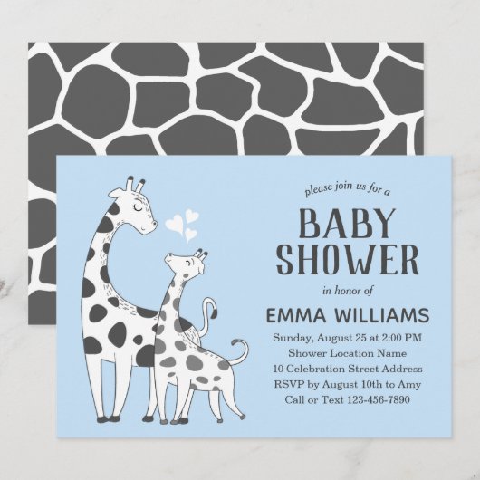Invitation Cute Blue Grey Animal Giraffe Baby shower garçon (Devant / Derrière)