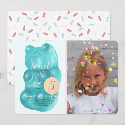 Invitation Cute Blue Gummy Ours Sweet Candy Photo Anniversair (Devant / Derrière)