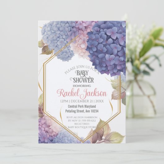 Invitation Cute Blue Hydrangea Blooms Baby shower Gold Frame (Debout devant)
