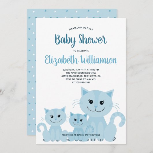 Invitation Cute Blue Kitty Chat Kitten Boy Baby shower modern (Devant / Derrière)