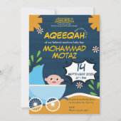 Invitation Cute Blue Orange Stroller Baby Boy Muslim Aqeeqah (Devant)