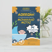 Invitation Cute Blue Orange Stroller Baby Boy Muslim Aqeeqah (Debout devant)