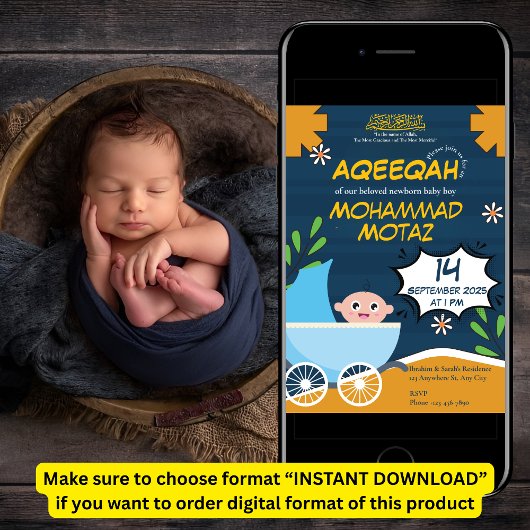 Invitation Cute Blue Orange Stroller Baby Boy Muslim Aqeeqah