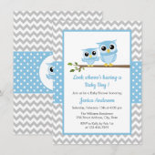 Invitation Cute Blue Owl Grey Chevron Boy Baby shower (Devant / Derrière)