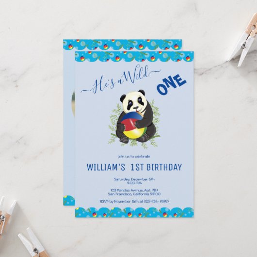 Invitation Cute Blue Panda Ours Wild Un 1er anniversaire Phot (Devant/Arrière en situation)