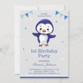 Invitation Cute Blue Penguin 1ère fête d'anniversaire (Devant)