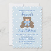 Invitation Cute Blue Ribbon Baby Teddy Bear Premier anniversa (Devant)