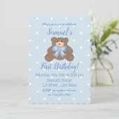 Invitation Cute Blue Ribbon Baby Teddy Bear Premier anniversa (Debout devant)